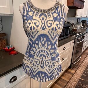 Inc. Blue Ikat Jeweled Collar Sleeveless Top Womens M Bling Embellished Coastal